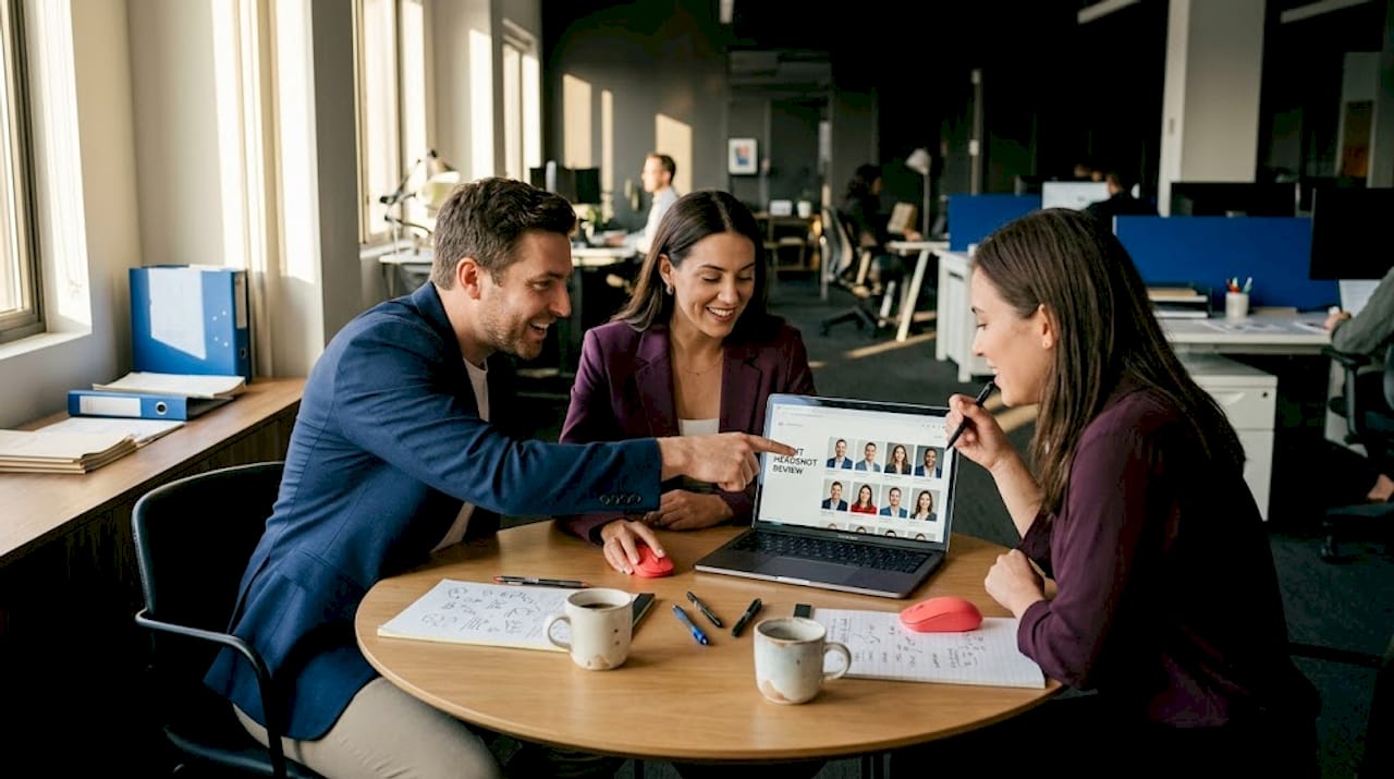 Team reviewing headshot images at office table