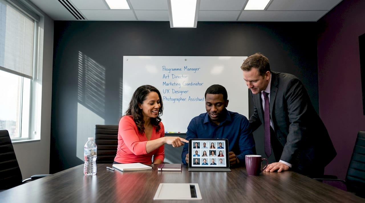 Colleagues selecting corporate headshot images