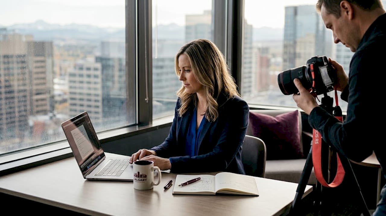 Woman in corner office during headshot session