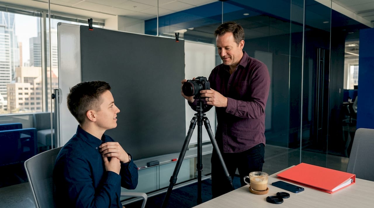 Photographer adjusting camera for headshot session