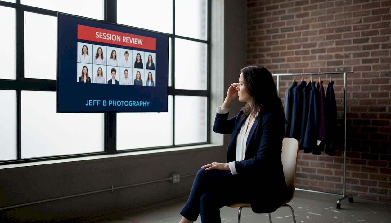 Professional reviewing headshots in Calgary studio