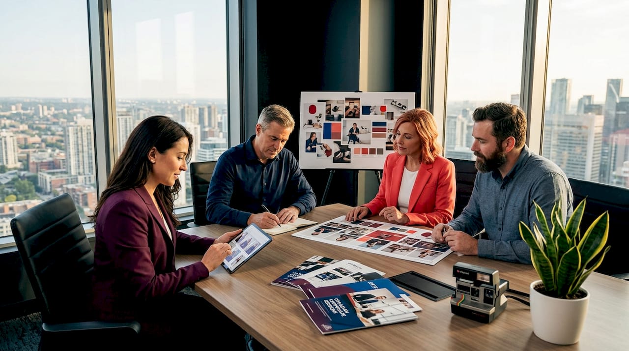 Team collaborating on branding photos in office