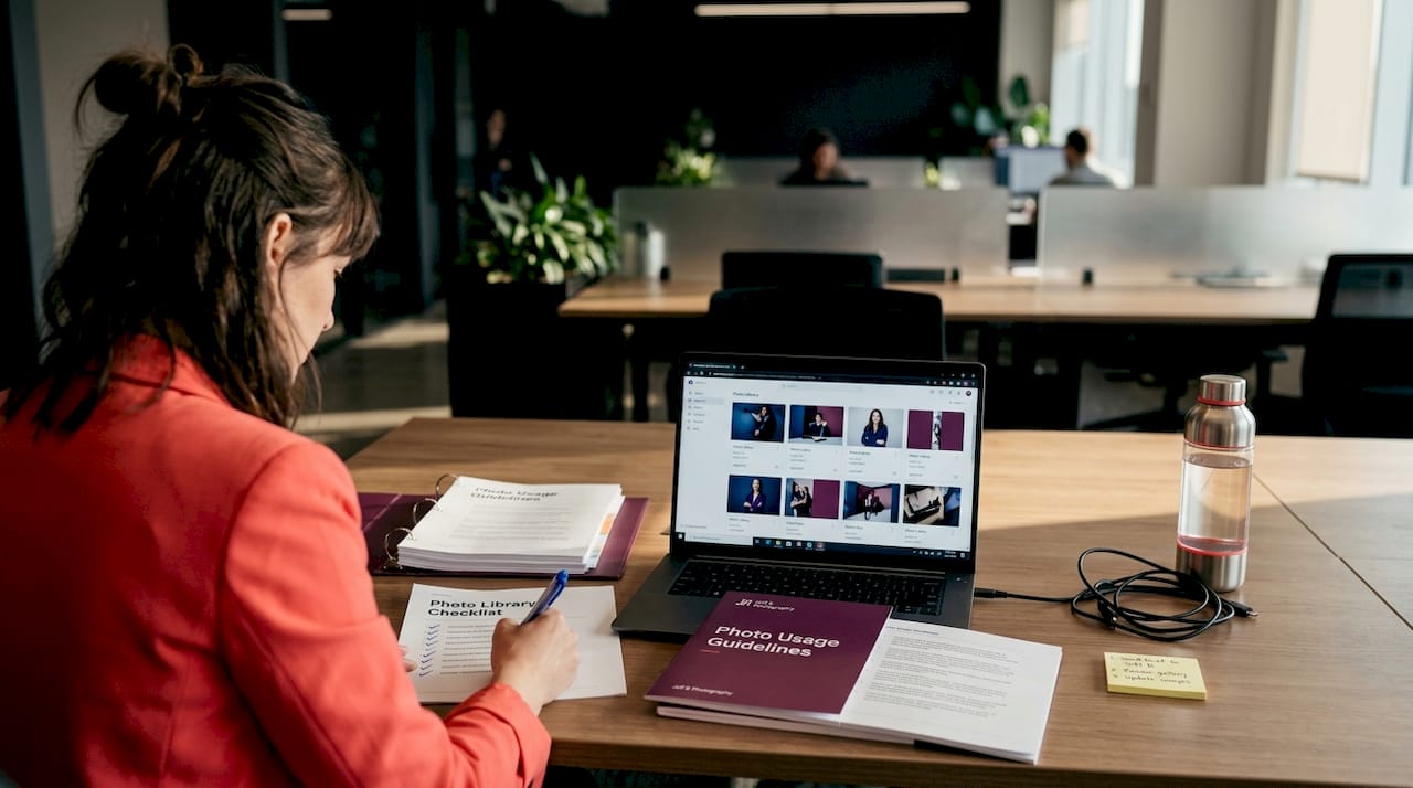 Manager reviewing brand photo library checklist
