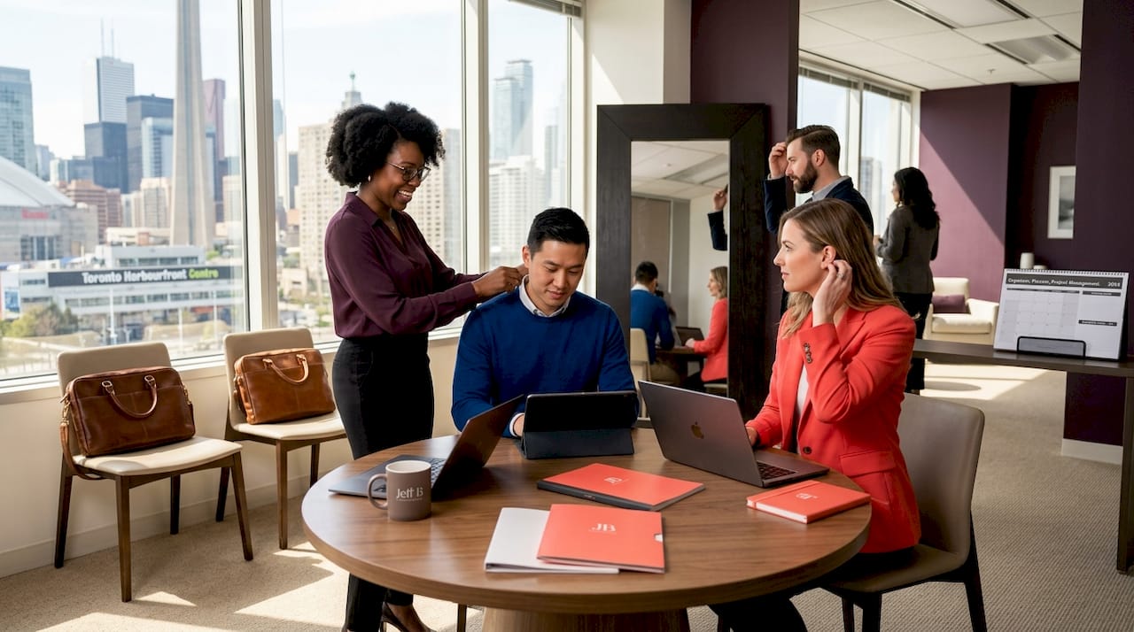 Office team prepares for company photo session