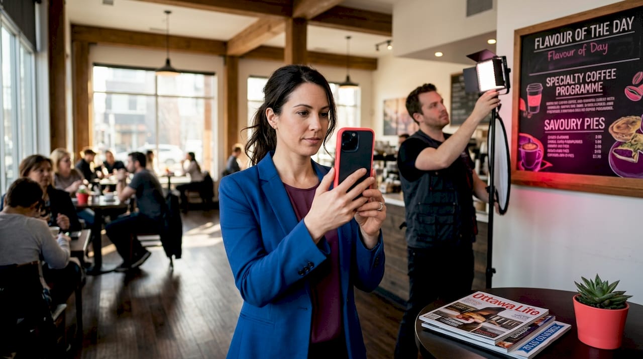Professional woman preparing for headshot in studio