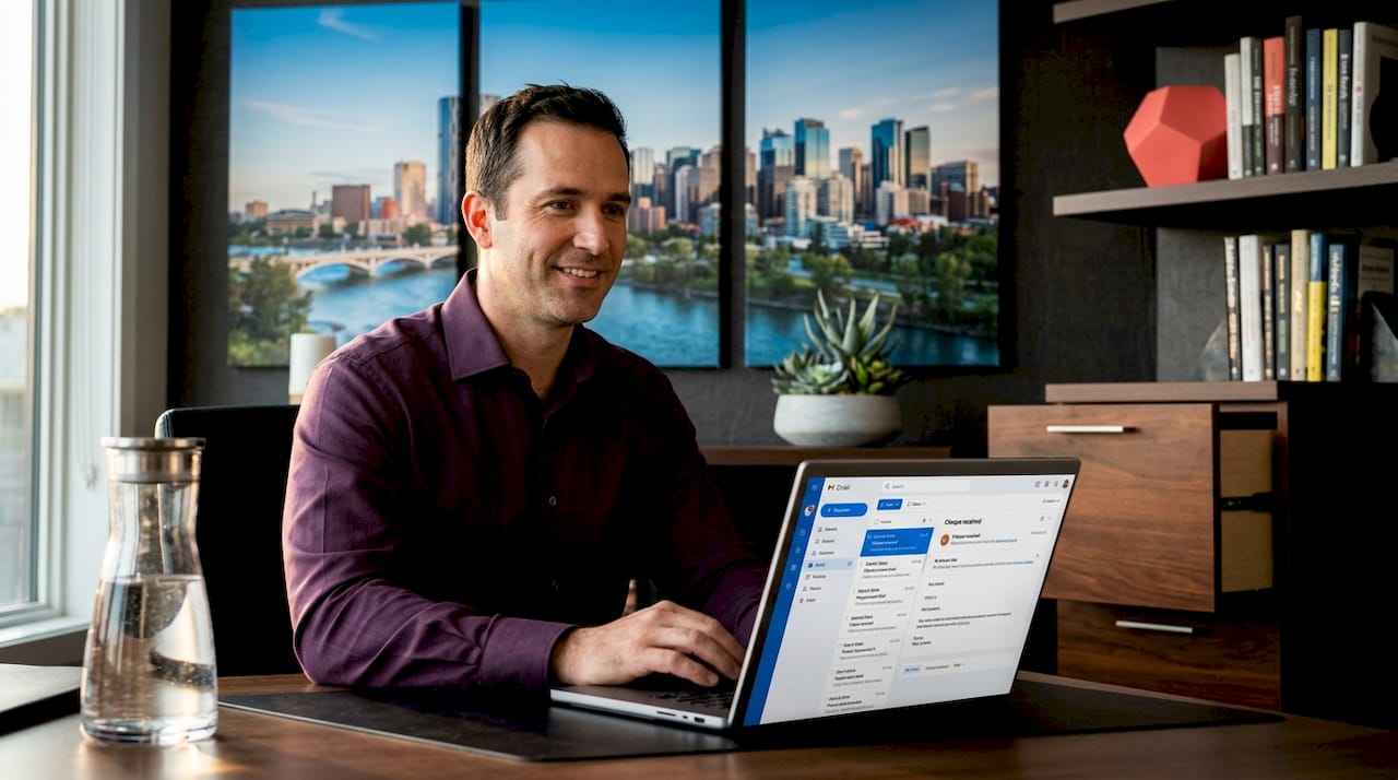 Businessman checking laptop in authentic office setting