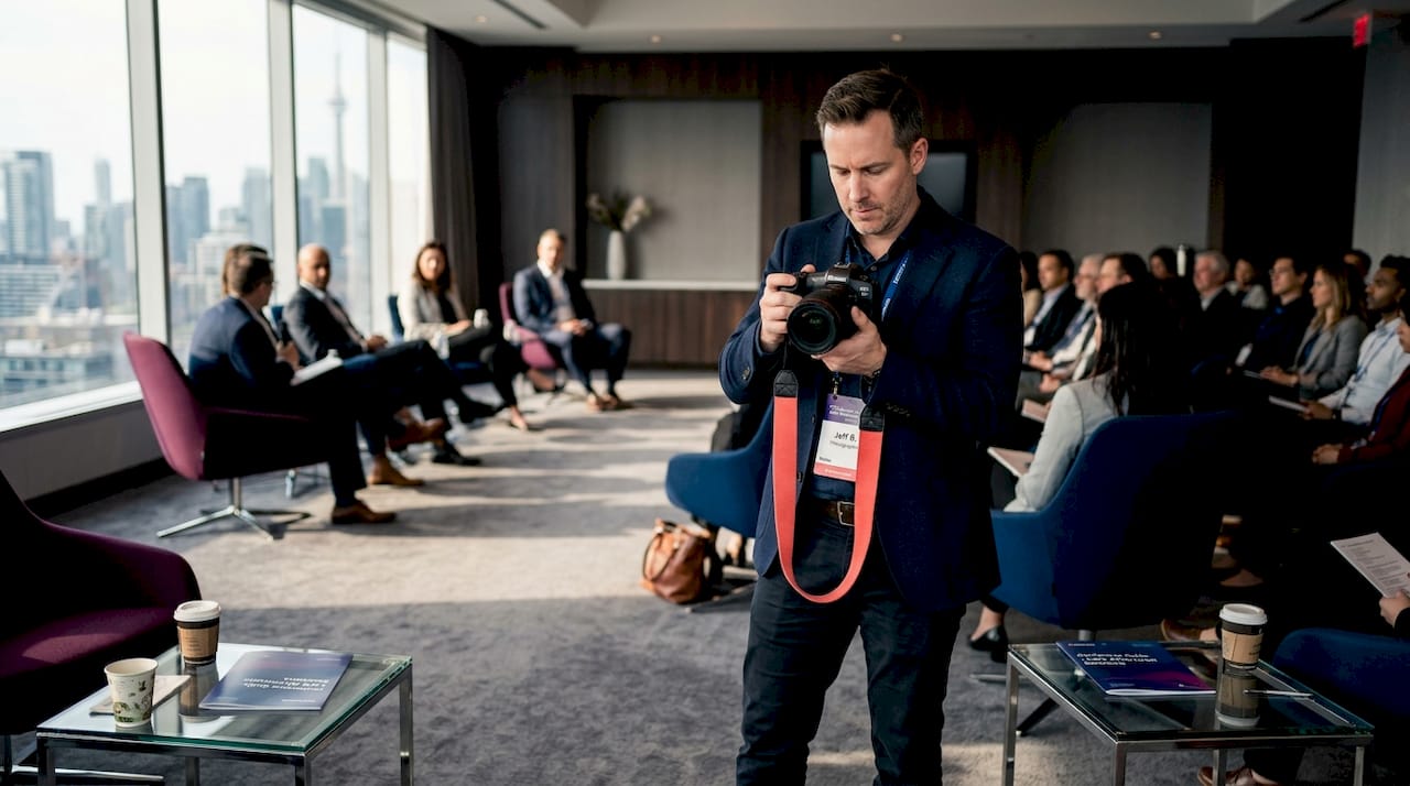 Photographer capturing candid moments in conference room