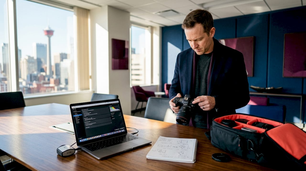Business photographer reviewing images in Calgary office