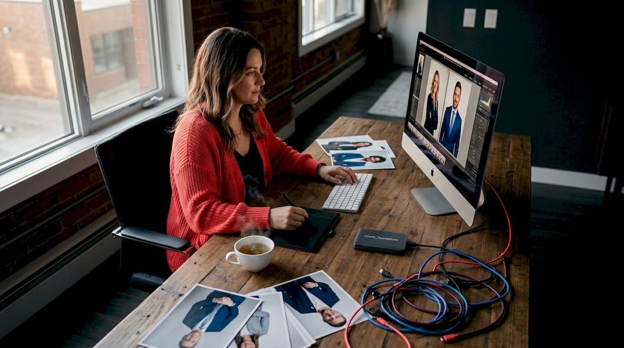 Photographer editing corporate images at home workspace