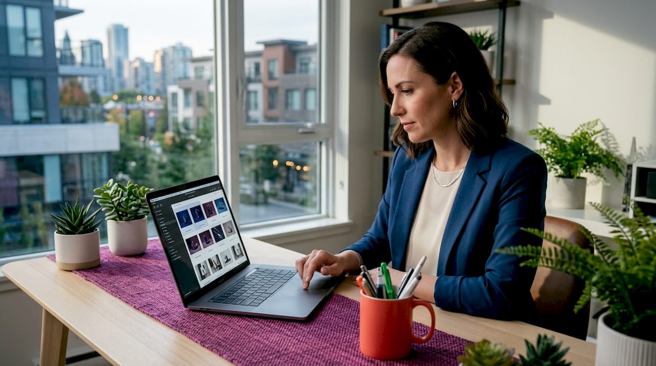 Manager reviewing website photos in modern office