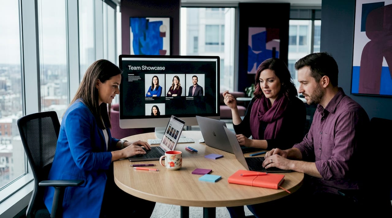 Team reviewing digital staff headshots workspace