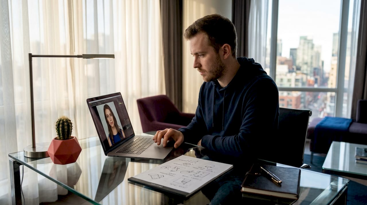 Man edits headshot at home office desk