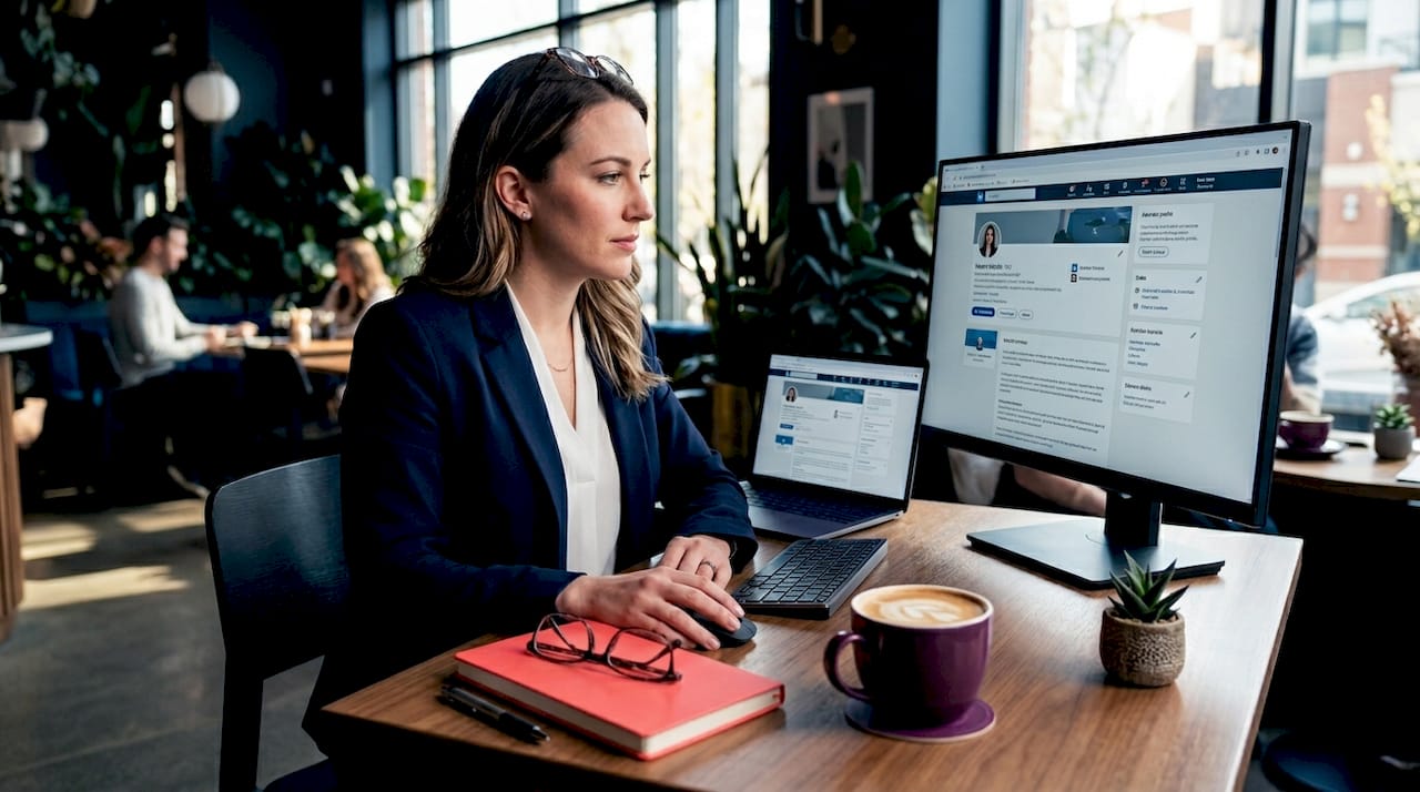 Woman reviews LinkedIn profile in sunlit office