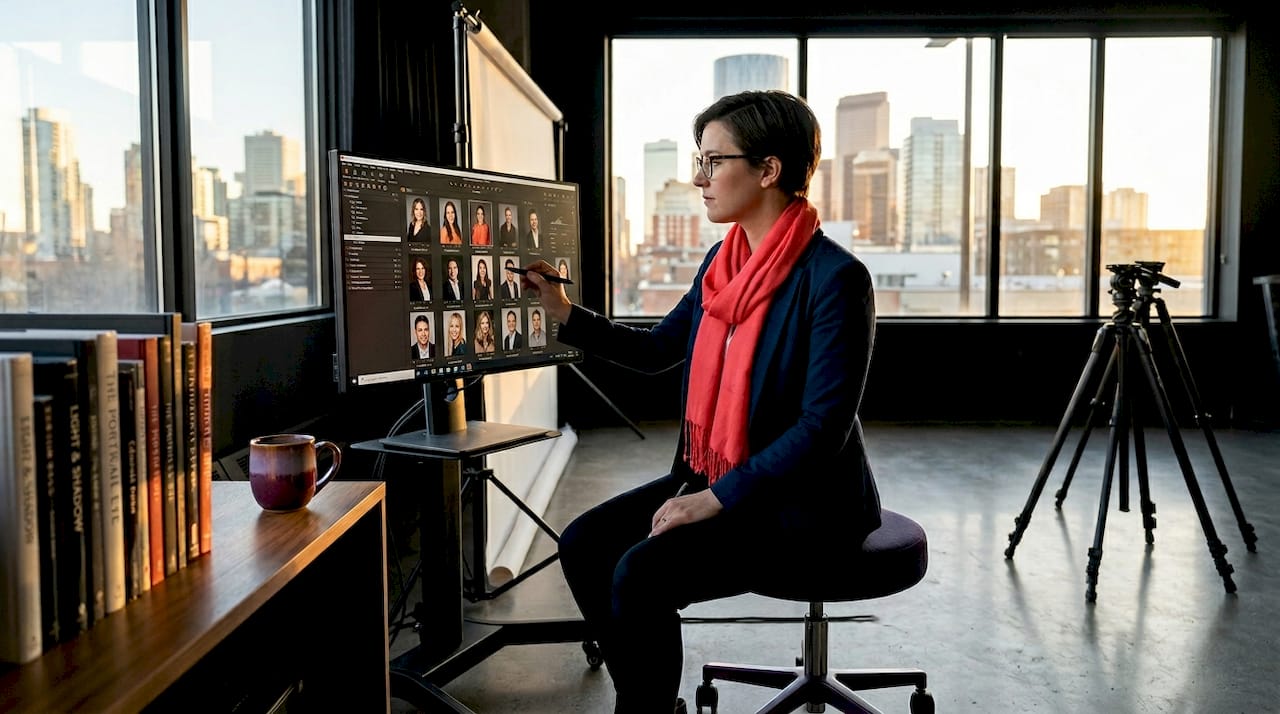 Photographer reviewing brand headshots in studio
