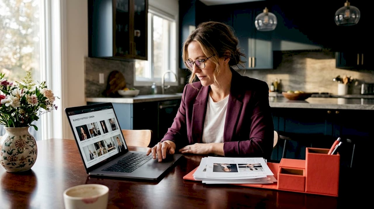 Business owner reviewing photo gallery on laptop