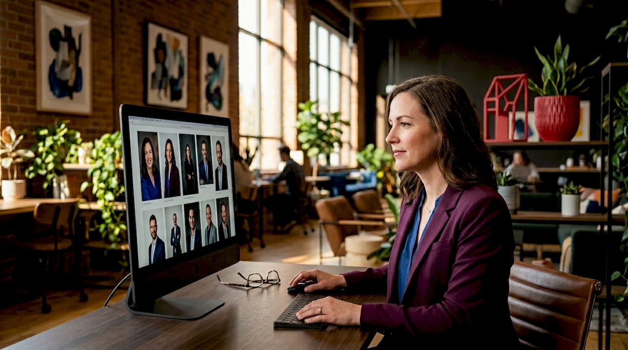 Woman viewing headshots in sunlit corner office