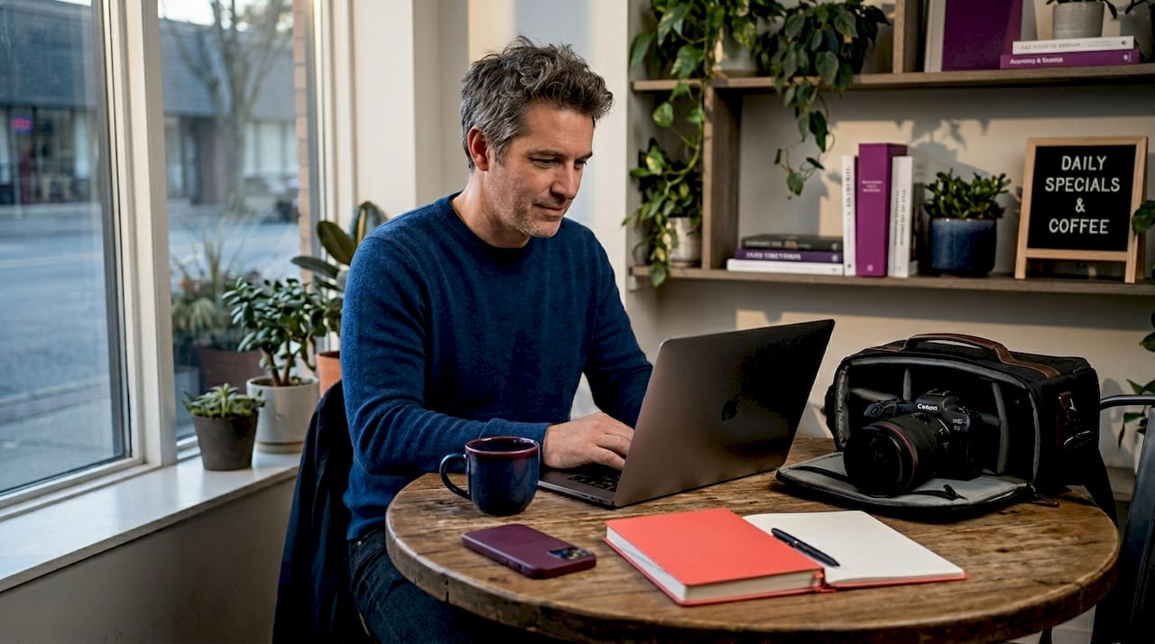 Photographer updating headshot at kitchen table