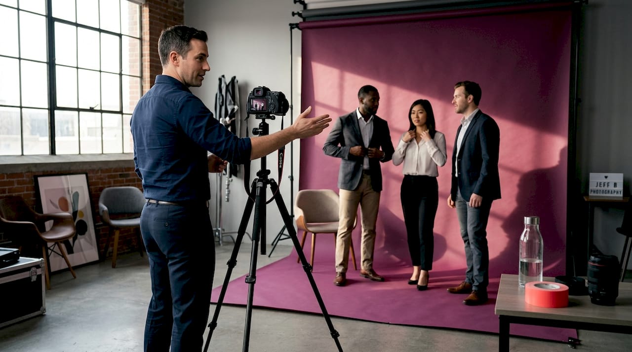 Photographer guiding colleagues during office shoot