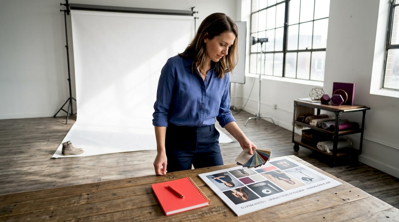 Photographer reviewing headshot backgrounds in studio