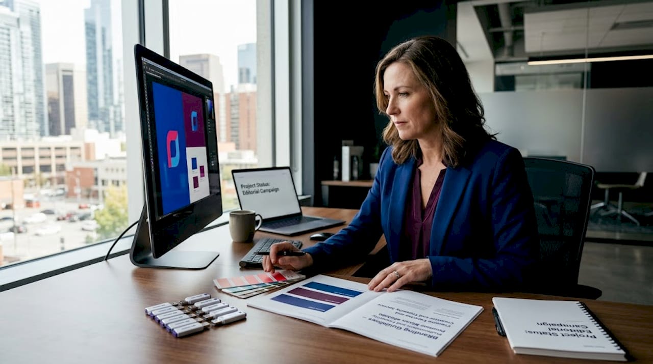 Manager reviewing team branding at cluttered desk