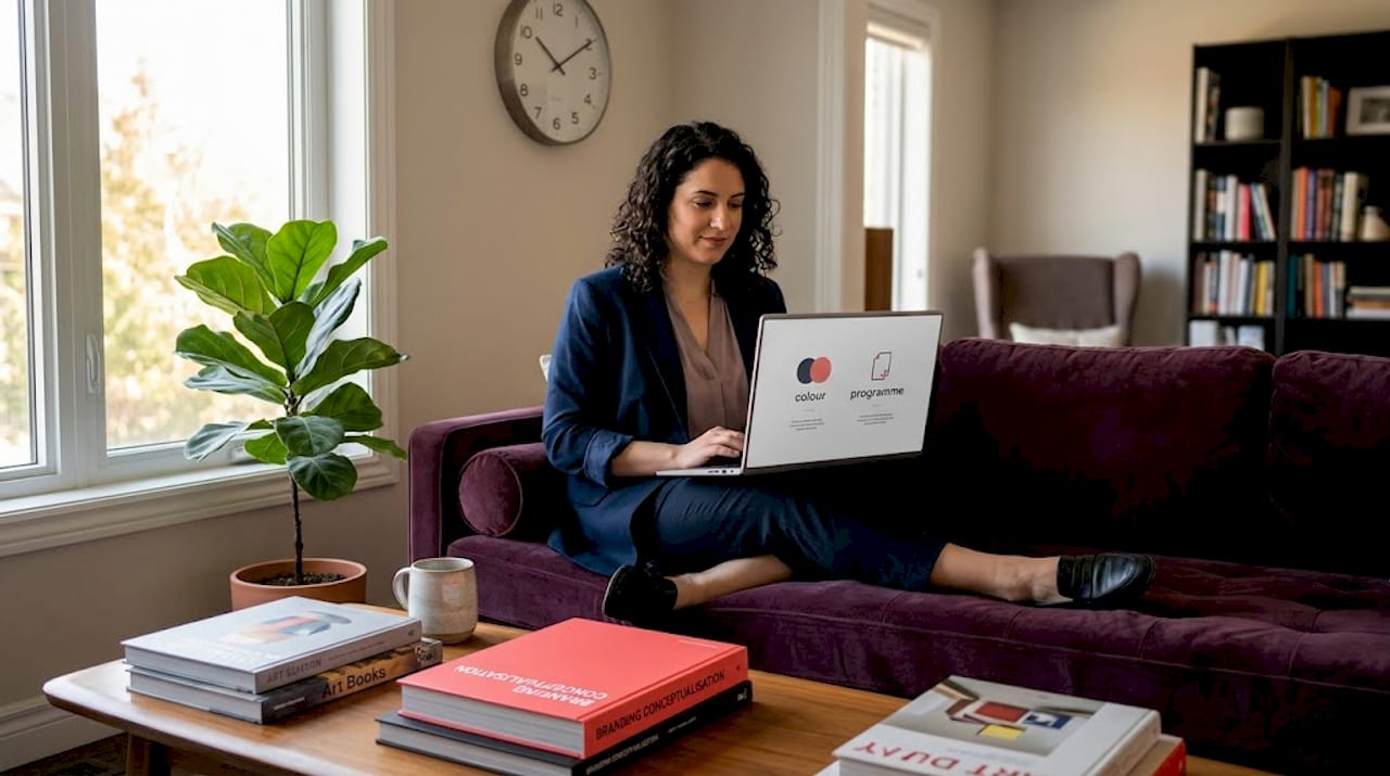 Consultant working on branding in loft office