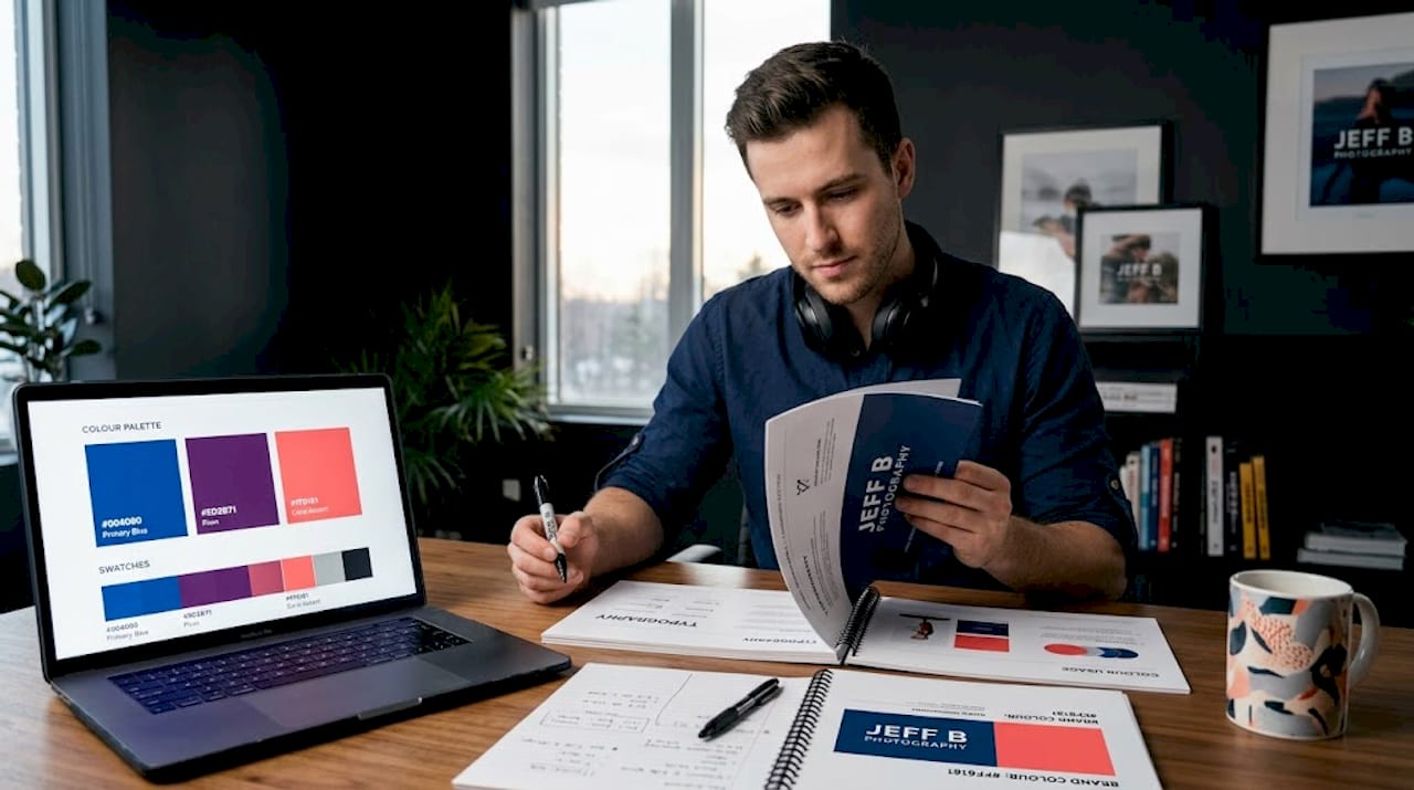 Designer reviewing printed brand guidelines
