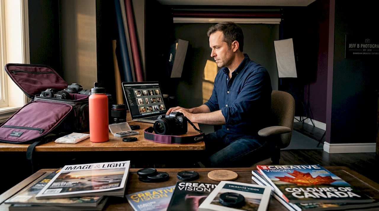 Photographer reviewing images in sunlit studio workspace