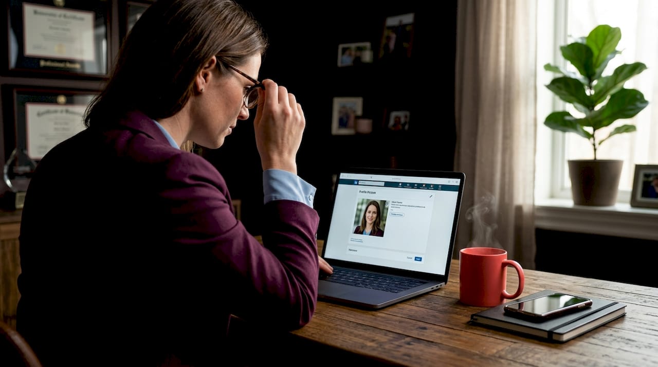 Woman reviewing LinkedIn profile photo at desk