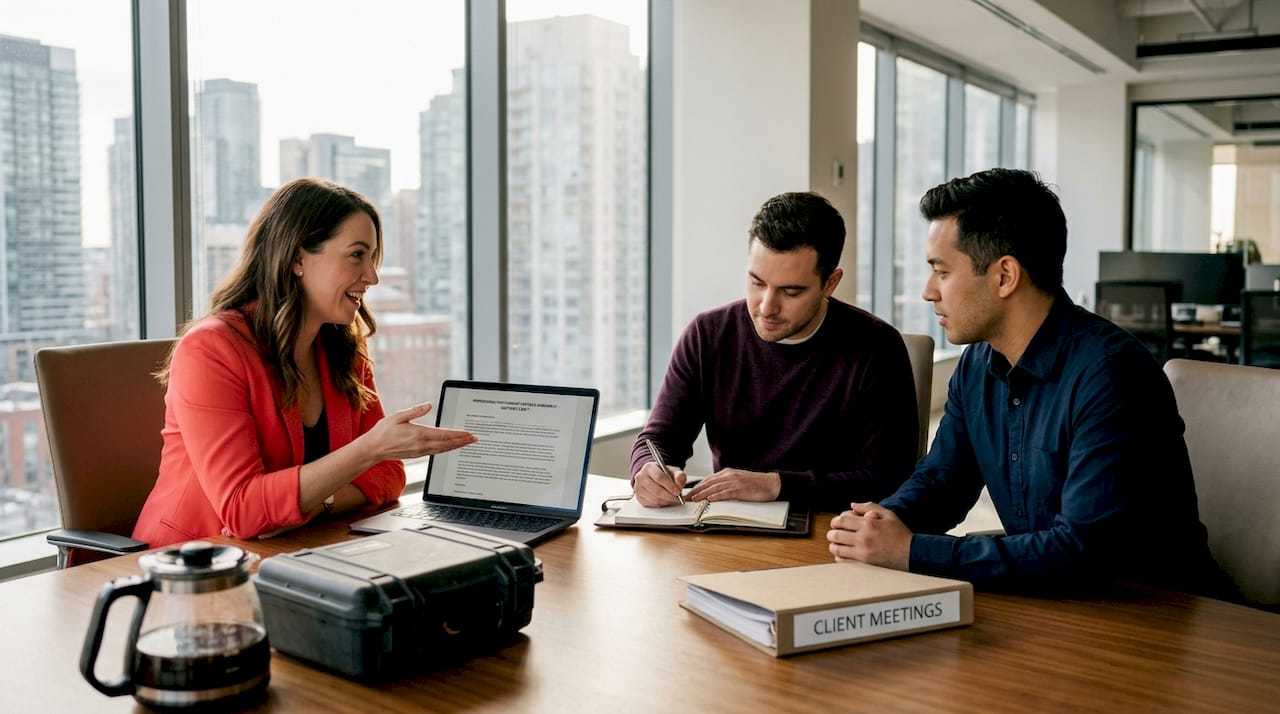 Team discussing corporate photography contract