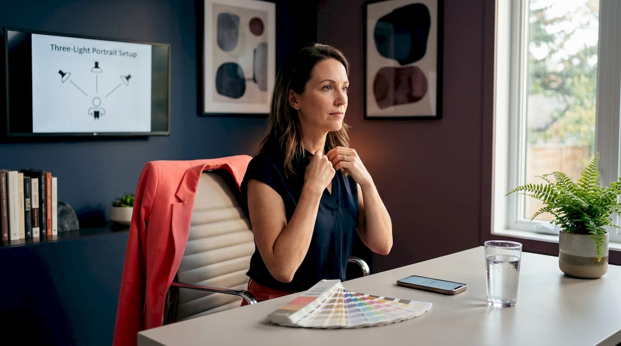Corporate woman preparing lighting setup for headshot