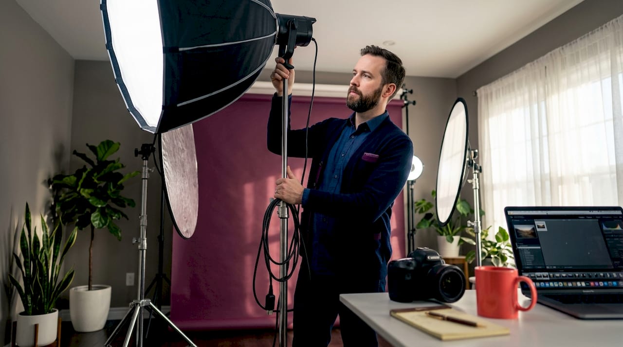 Photographer setting up three-light business photo studio