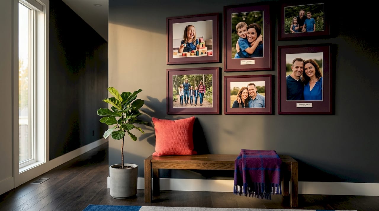 Family portrait gallery wall in modern living room