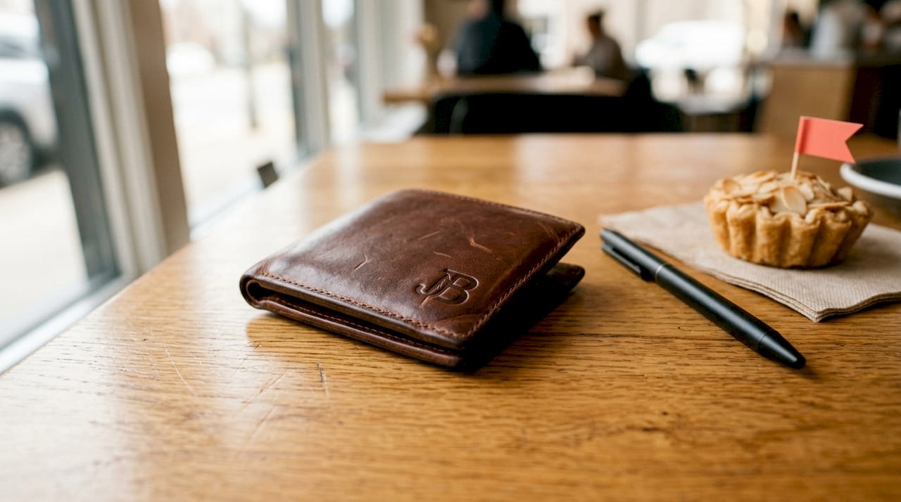 Close-up of wallet leather texture and embossed logo