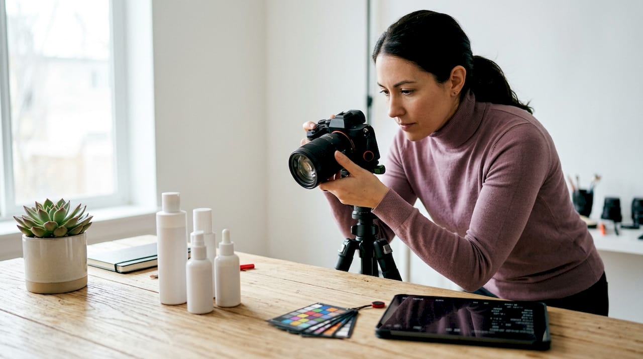 Photographer adjusting camera to capture product detail