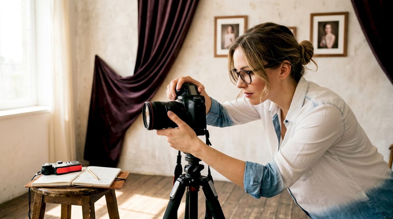 Portrait photographer preparing camera in studio