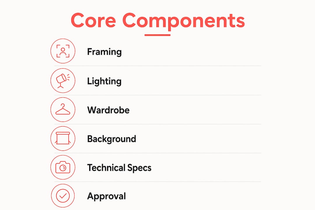 Infographic illustrating six core components of headshot style guides
