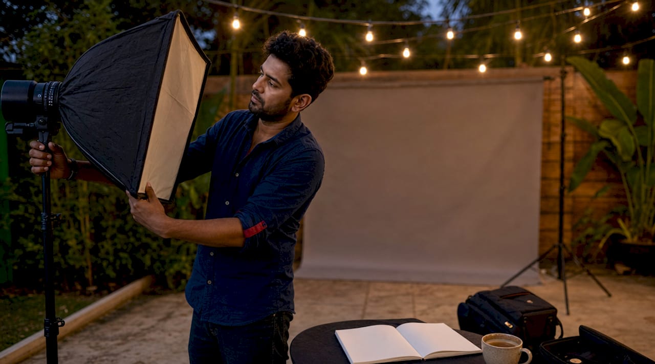 Photographer setting up corporate portrait session