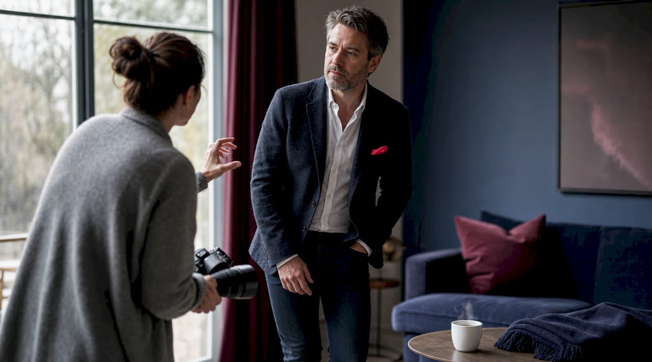 Photographer coaching professional on posing