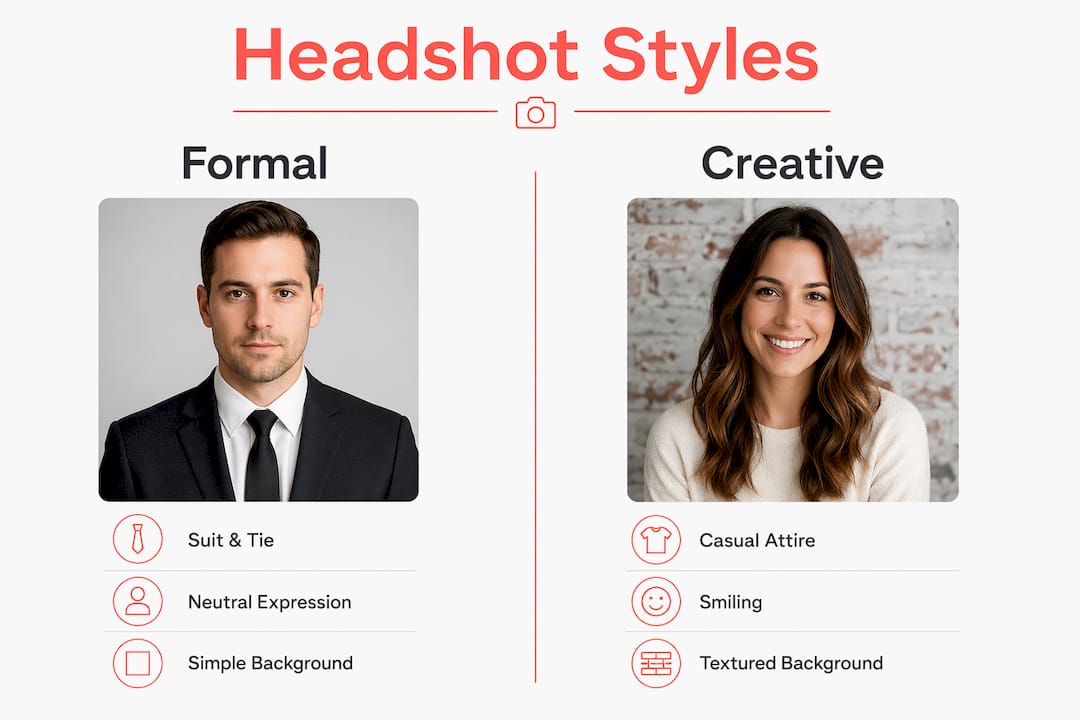 Infographic contrasting formal and creative headshot styles