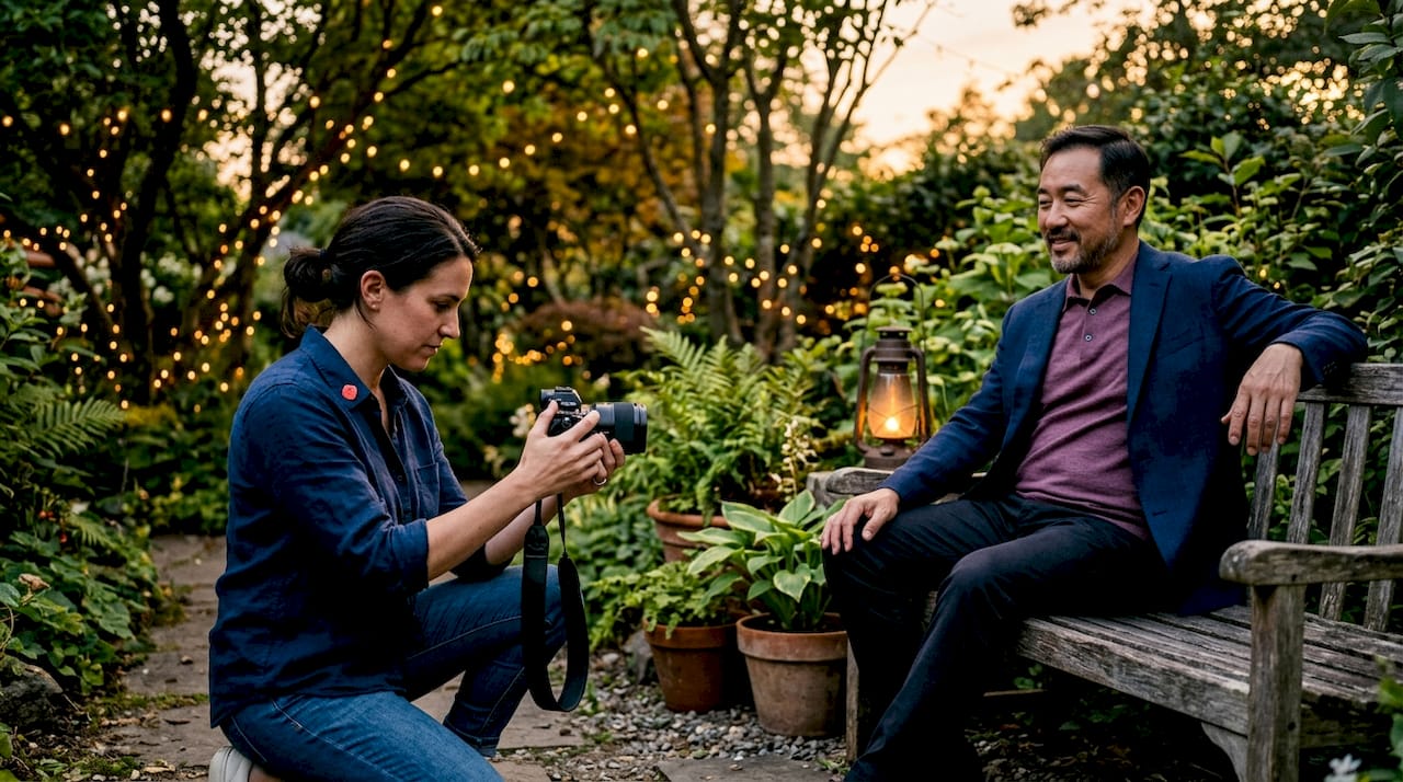 Photographer adjusting camera while man poses for portrait.