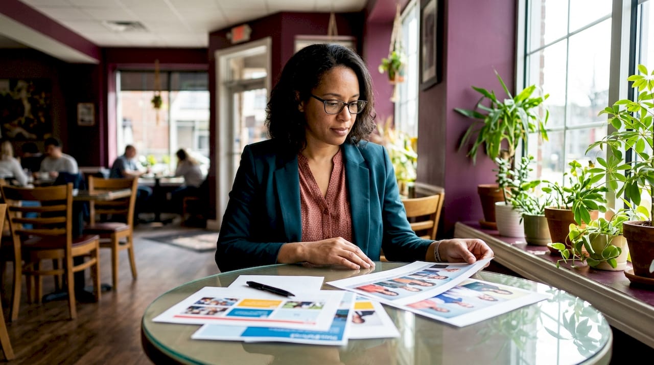 HR manager reviewing printed staff portraits layout