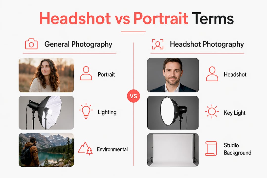 Infographic comparing general photography terms with headshot terminology