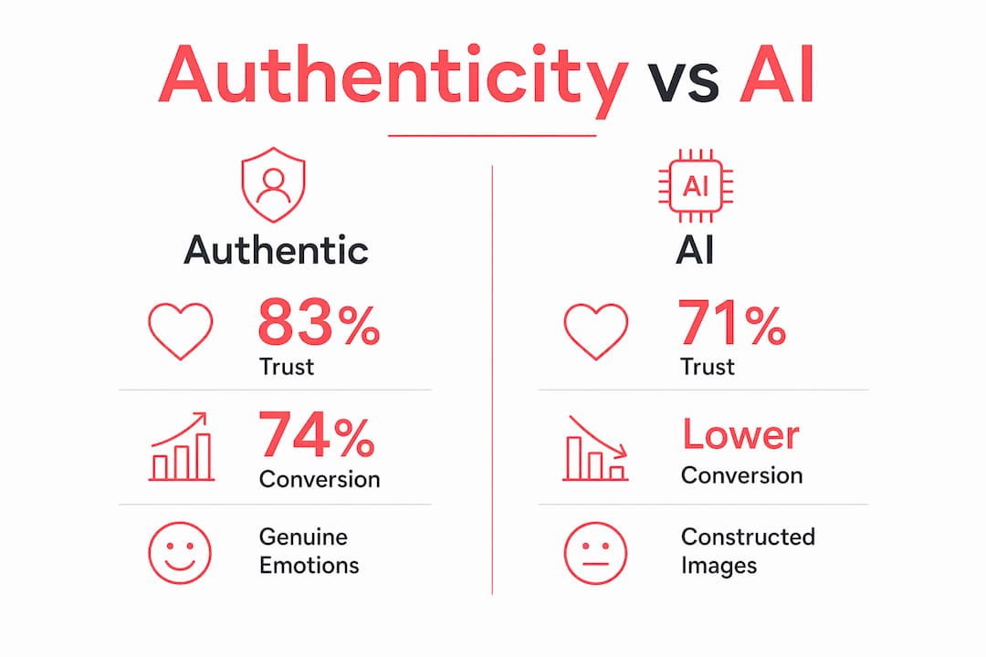 Infographic comparing authentic photography and AI-generated imagery trust and conversion rates