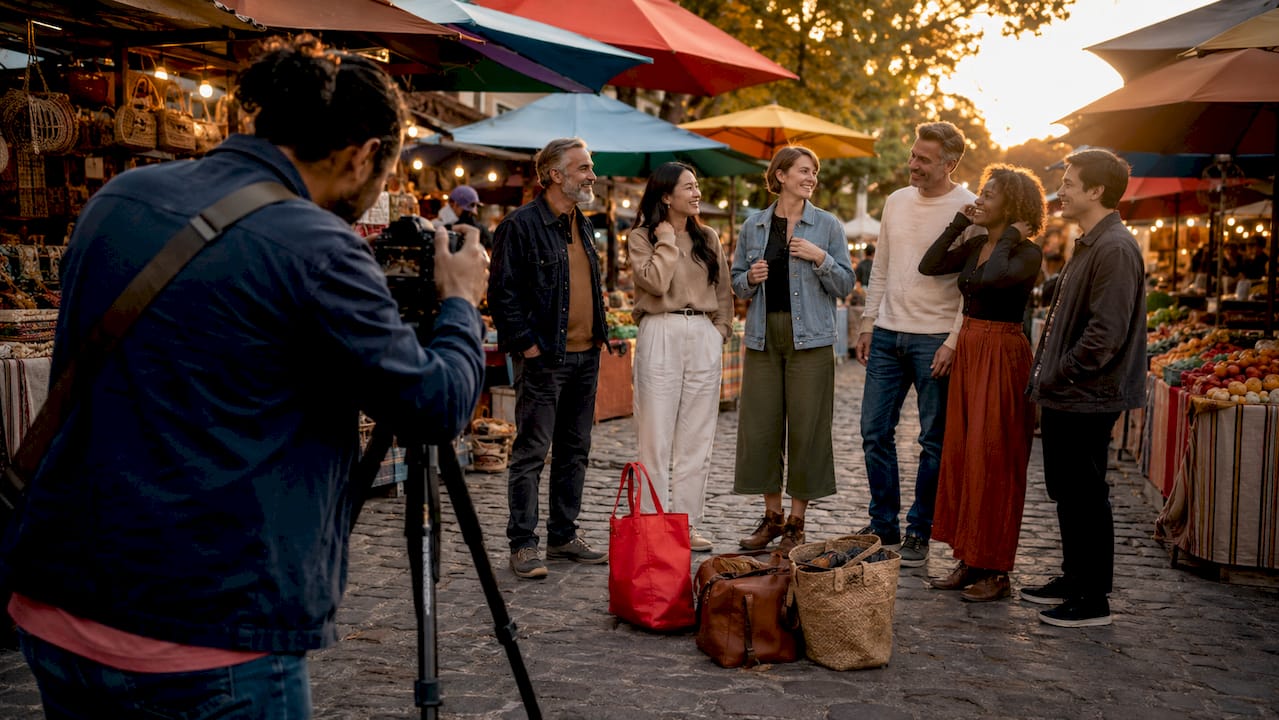 Photographer preparing outdoor group photoshoot