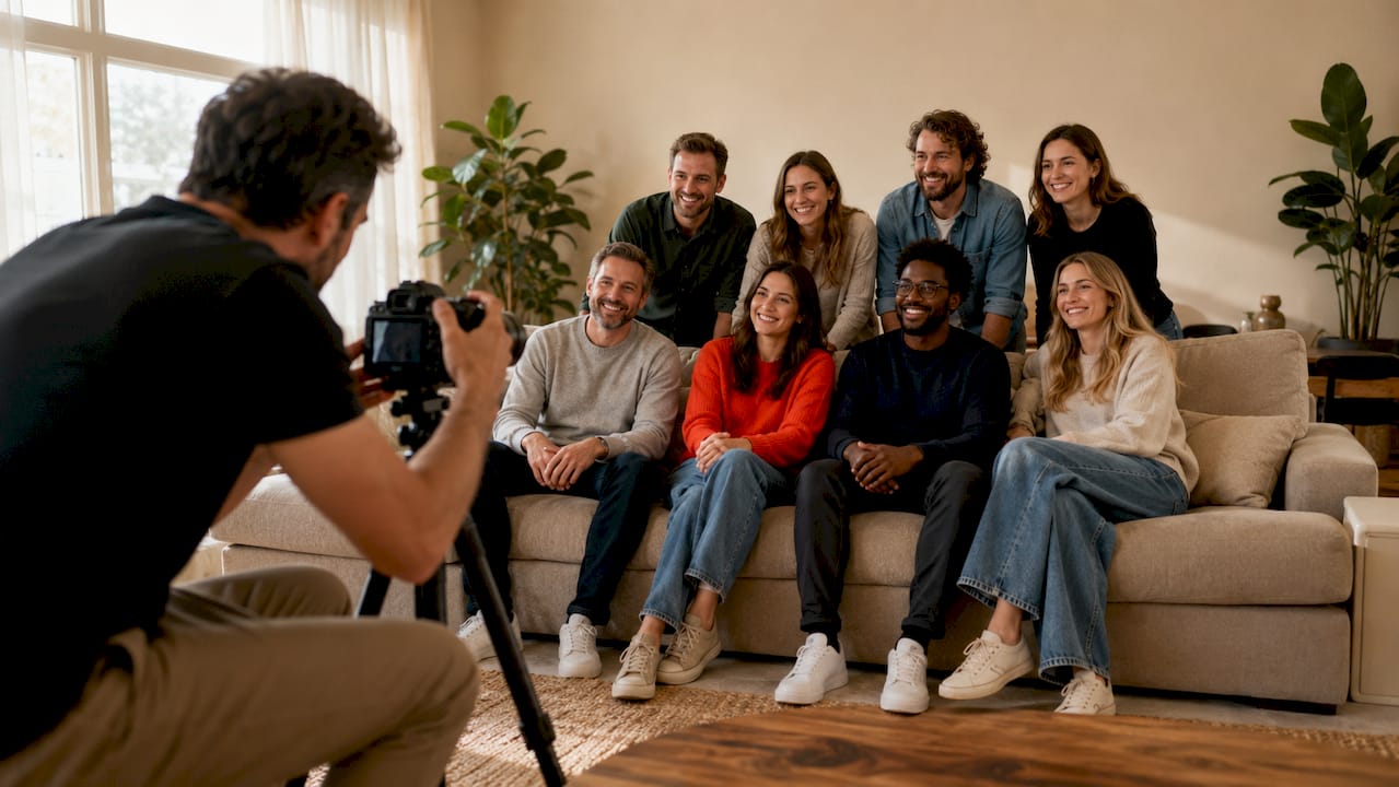 Photographer adjusting camera for posed group photo