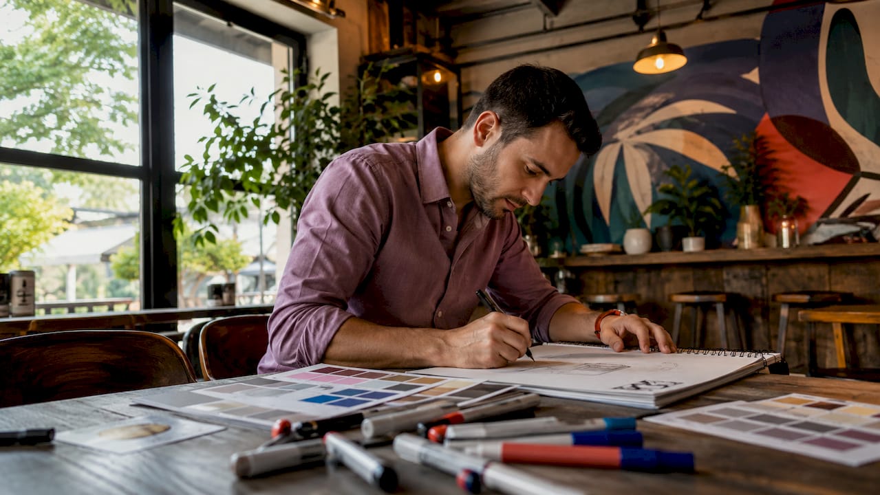 Creative professional sketching branding ideas in studio