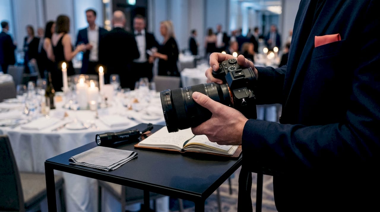 Photographer adjusting zoom lens on camera gear