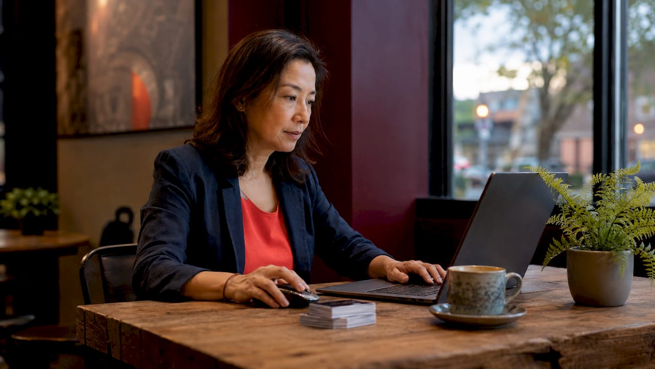 Woman reviewing business profile photos at home office