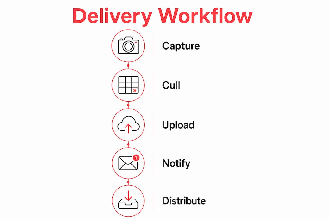Infographic illustrating event photography delivery workflow steps