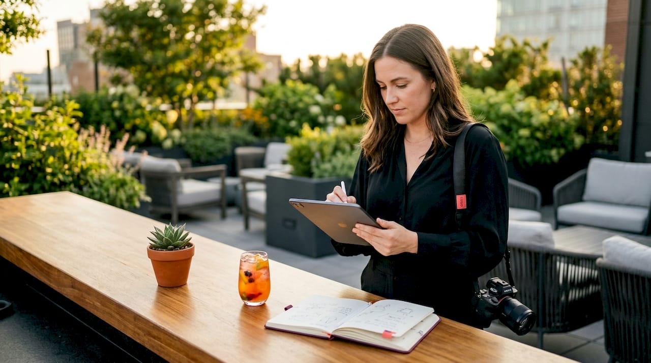 Female event photographer reviewing photos on tablet